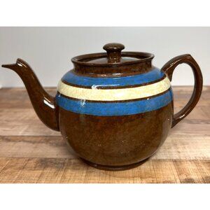 Sadler Made In England Brown Ceramic Teapot With Blue & Beige Stripes Vintage